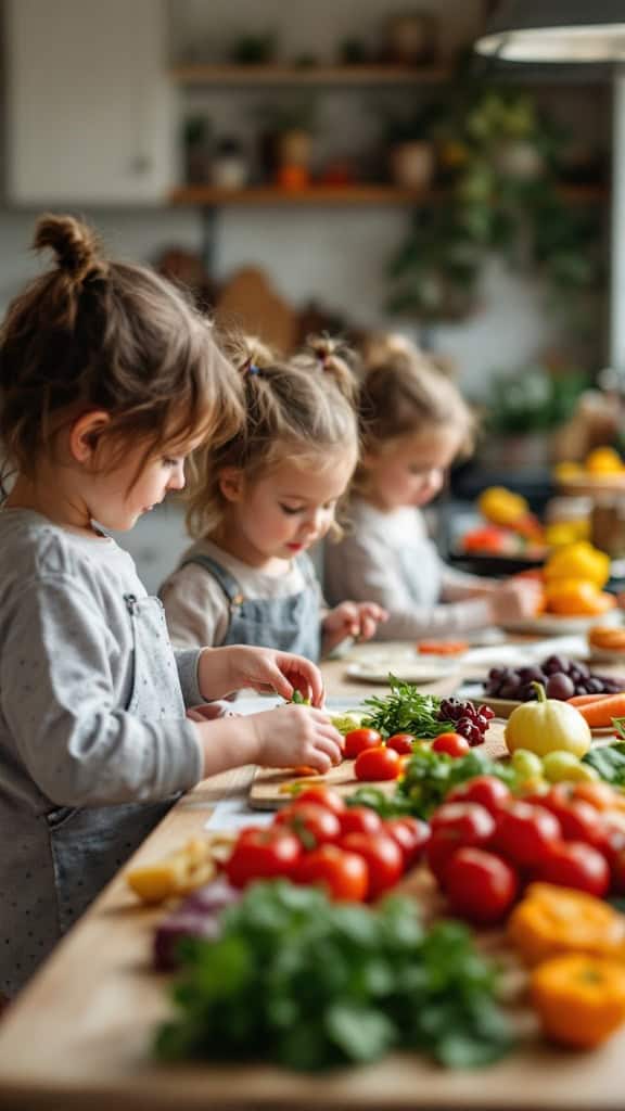 Three young children happily preparing fresh fruits and vegetables in a cozy kitchen.