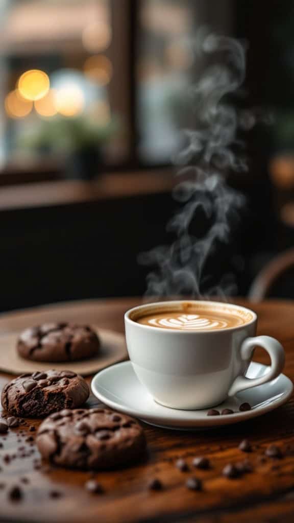 A cozy scene with a cup of espresso and chocolate cookies on a wooden table.
