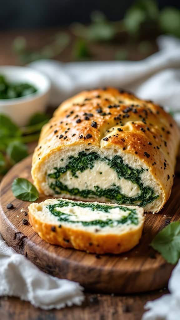 Feta and spinach stuffed bread sliced on a wooden board