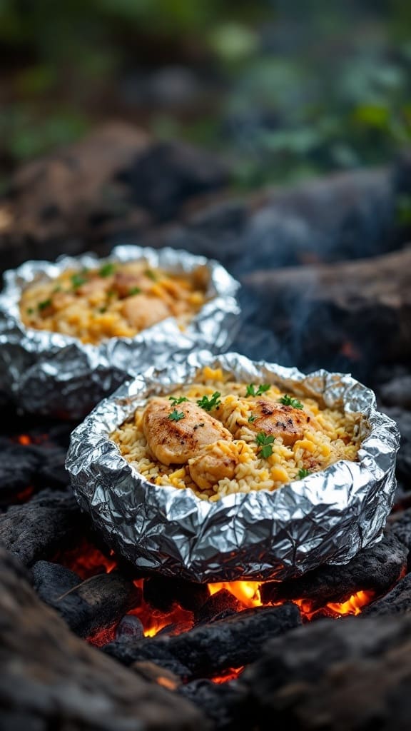 Foil packet dinners with chicken and rice cooking over a campfire.