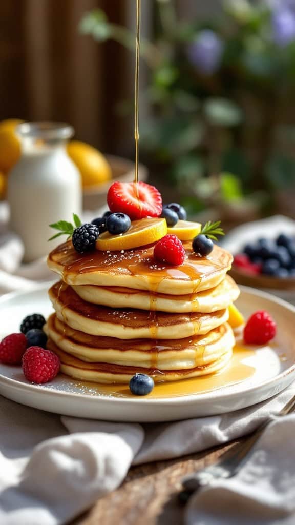 Stack of fluffy lemon ricotta pancakes topped with berries and syrup
