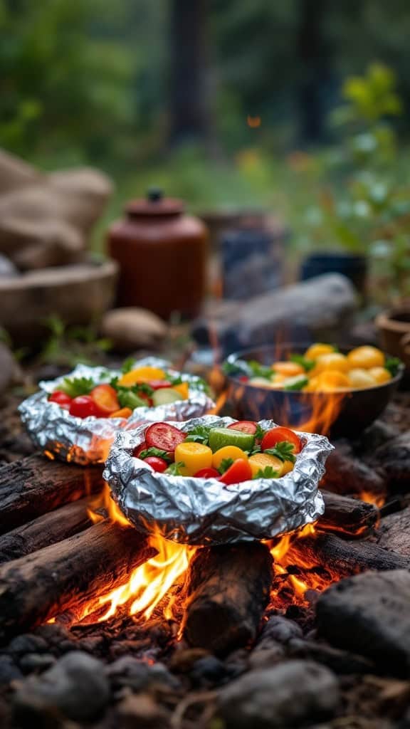 Vegetable medley cooking in foil packets over a campfire.