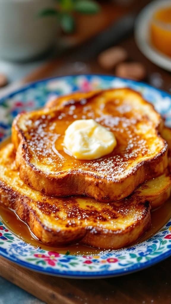 Delicious French toast with honey butter on a decorative plate