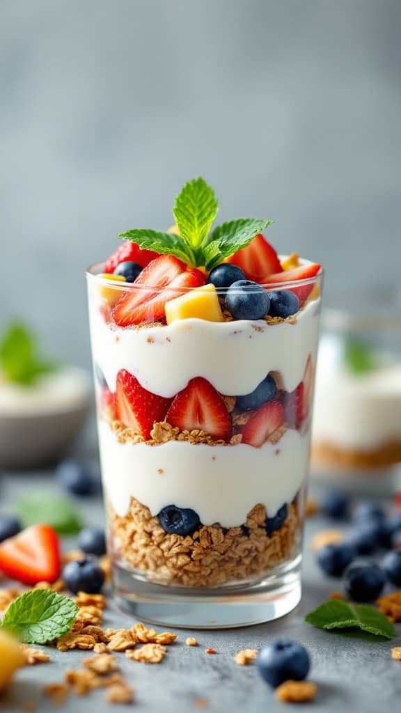 A layered parfait with yogurt, strawberries, blueberries, and granola, topped with mint.