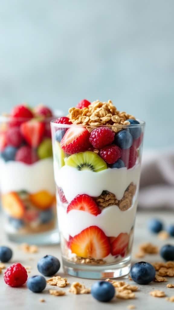 A close-up of fruit and yogurt parfaits with layers of yogurt, berries, and granola in clear glasses.
