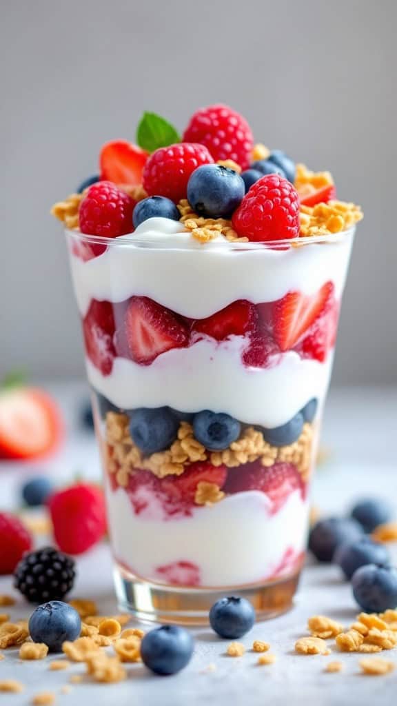 A delicious fruit and yogurt parfait with layers of yogurt, granola, and mixed berries.