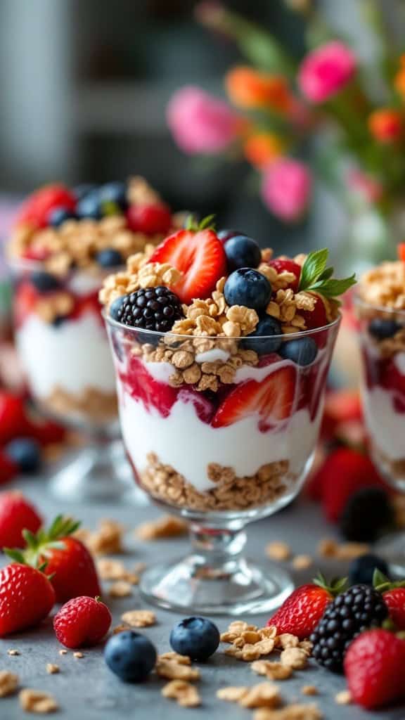 A delicious fruit and yogurt parfaits in clear cups topped with granola and fresh berries.