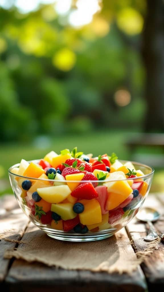 A colorful bowl of mixed fruit salad with honey lime dressing.