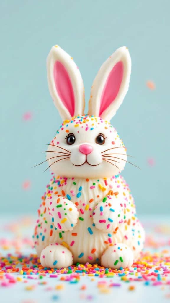 A cute bunny cake covered in colorful sprinkles, perfect for Easter.