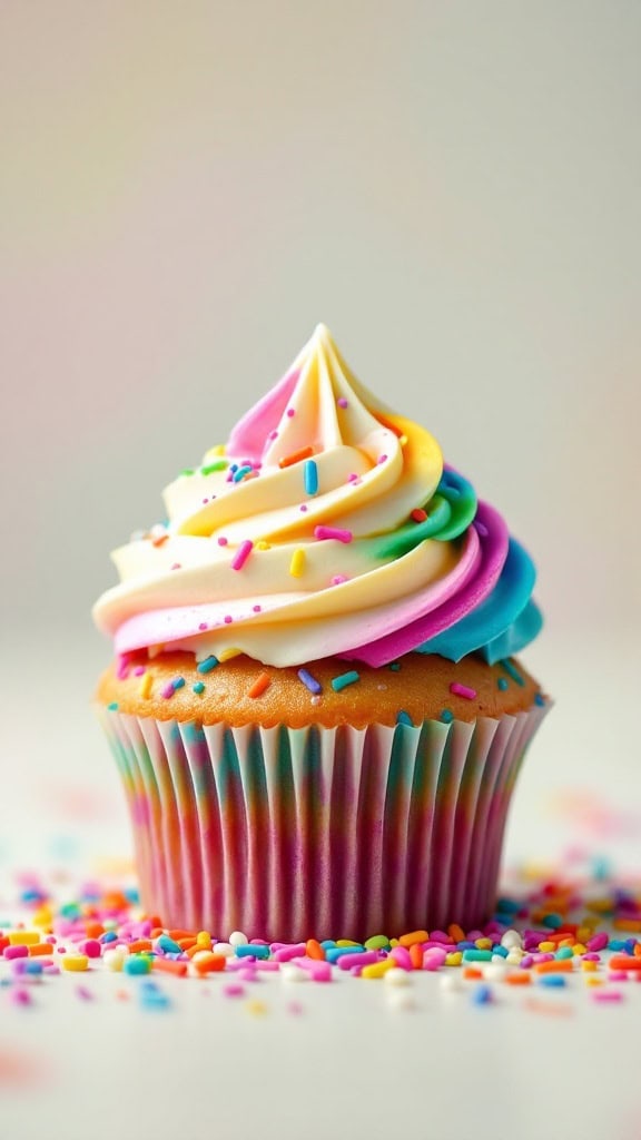 A colorful funfetti cupcake with sprinkles and swirled frosting.