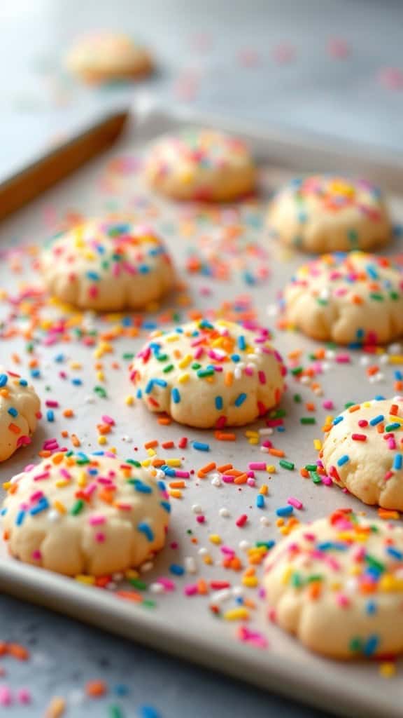 Tray of funfetti cookies with colorful sprinkles