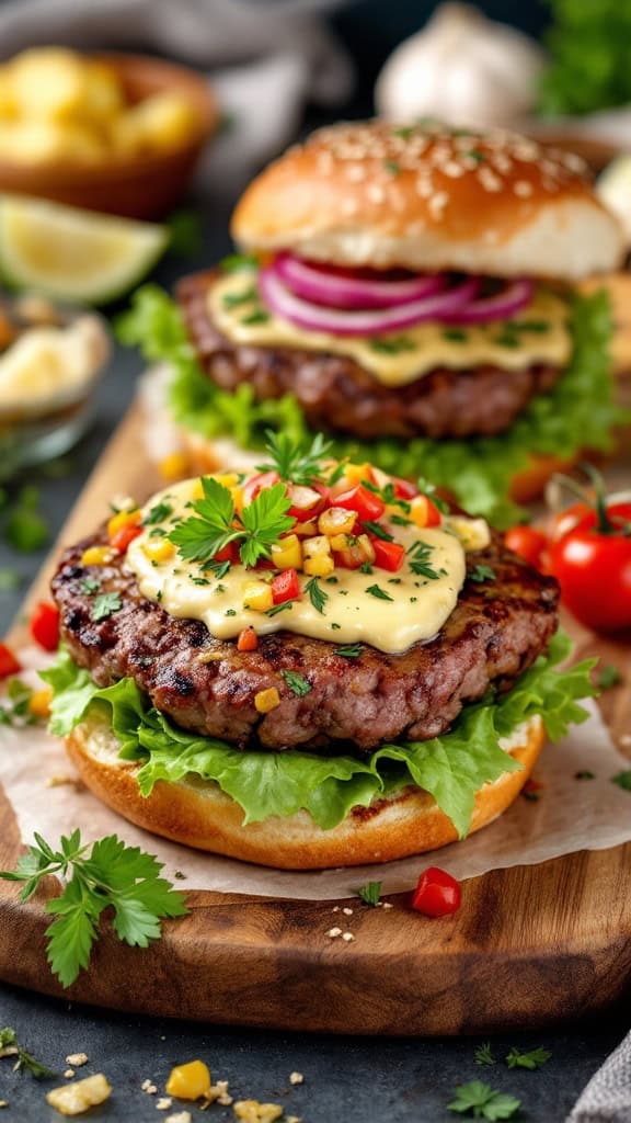 Garlic and rosemary butter lamb burger on a wooden board with fresh ingredients.