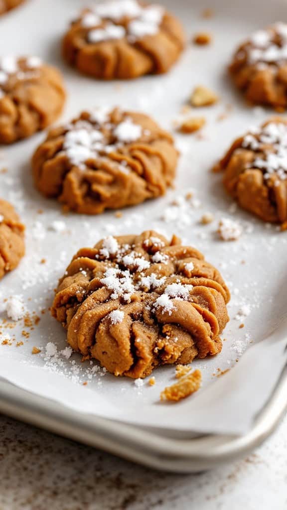 Close-up of freshly baked ginger molasses cookies dusted with sugar.