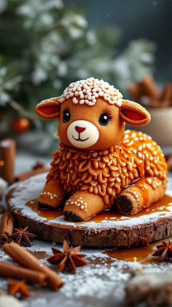 A cute gingerbread lamb cake decorated with icing and sitting on a wooden platter, surrounded by spices.