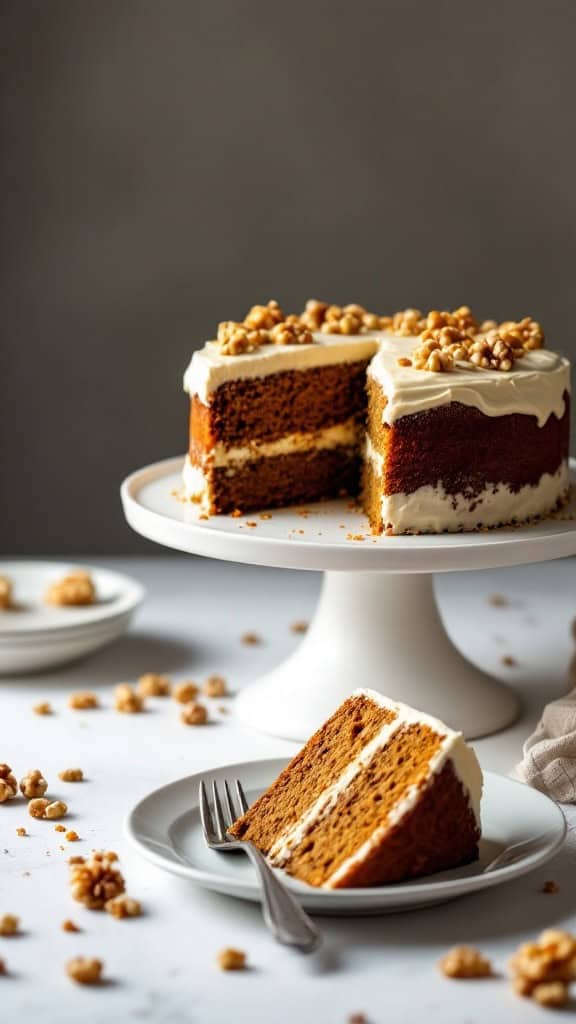 A gluten-free carrot cake with cream cheese frosting and walnuts on a white cake stand, with a slice on a plate nearby.