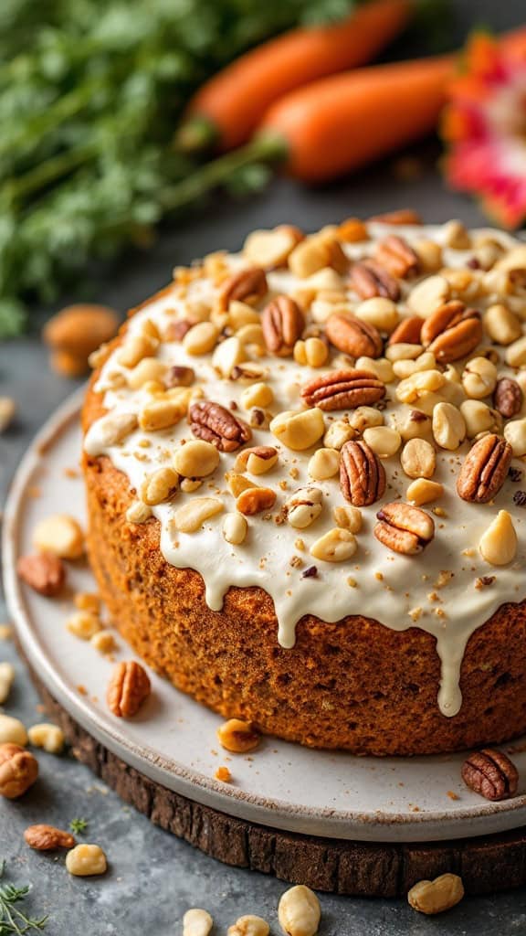 A gluten-free carrot cake topped with nuts, surrounded by fresh carrots and herbs.