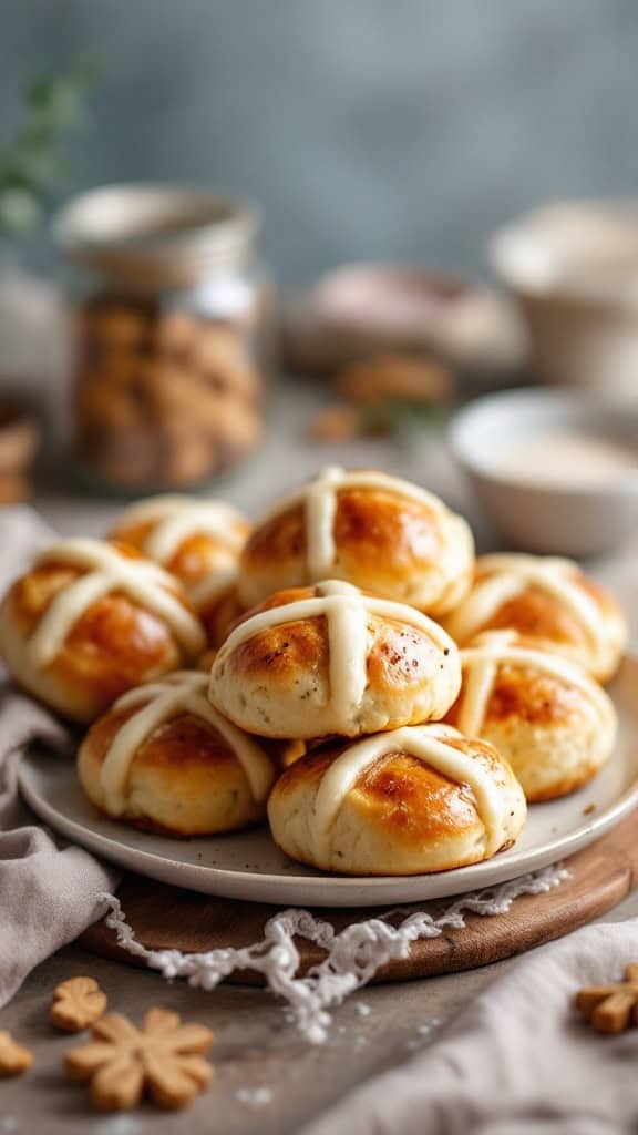 A plate of gluten-free hot cross buns with a cross pattern on top.