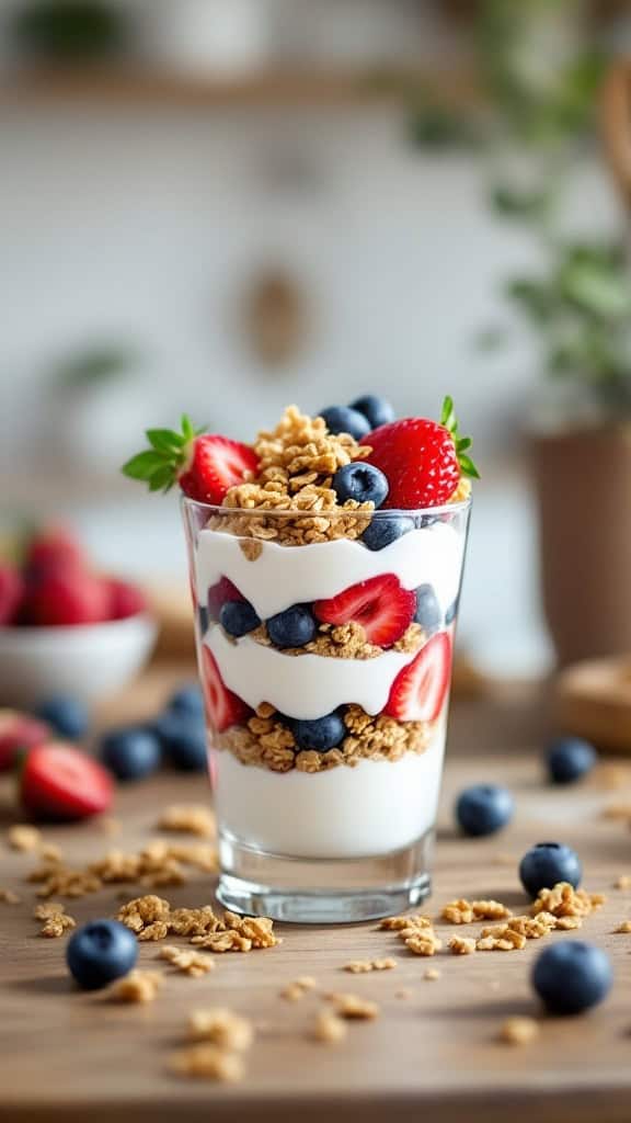 A delicious Greek yogurt parfait with layers of yogurt, strawberries, blueberries, and granola.
