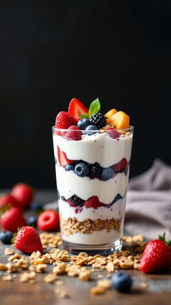 A Greek yogurt parfait with layers of berries and granola in a clear glass