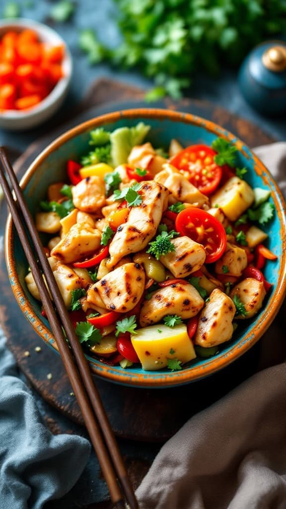 A vibrant bowl of grilled chicken and vegetables, garnished with herbs, served with chopsticks.
