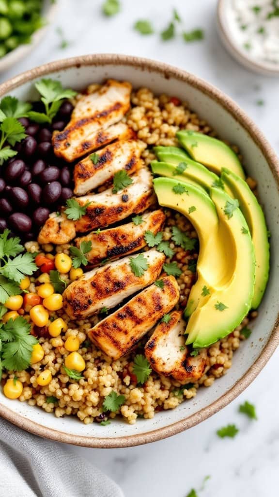 A delicious bowl featuring grilled chicken slices on quinoa, black beans, corn, and avocado slices, garnished with cilantro.