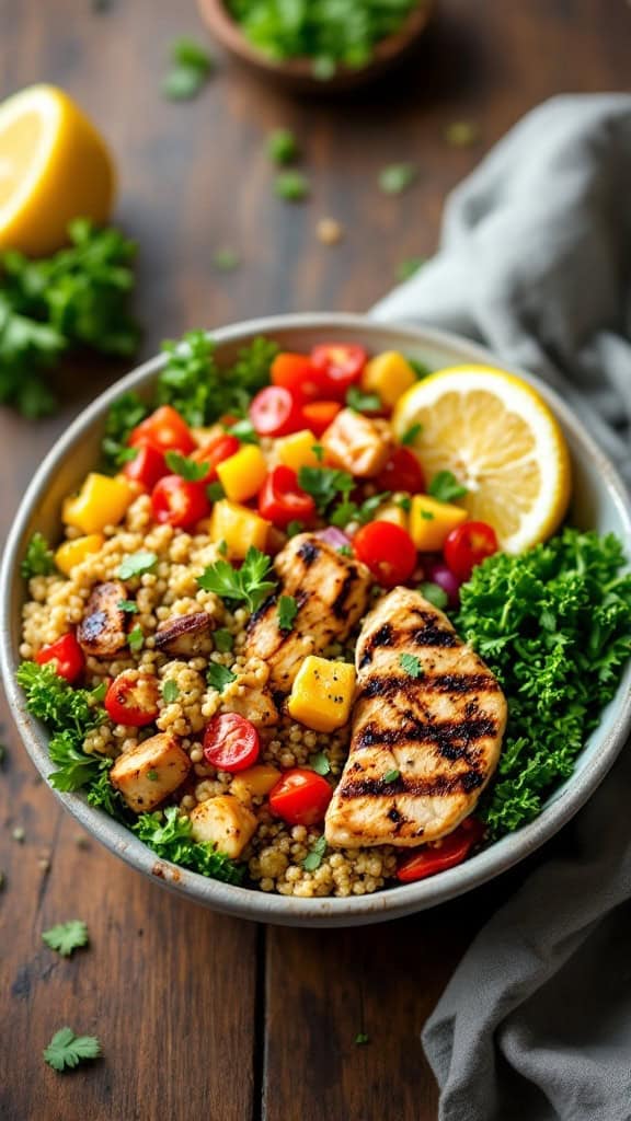 A bowl of grilled chicken quinoa with colorful vegetables and lemon slices.