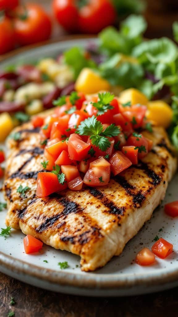 Grilled chicken breast topped with fresh tomato salsa on a plate with salad and tomatoes in the background.