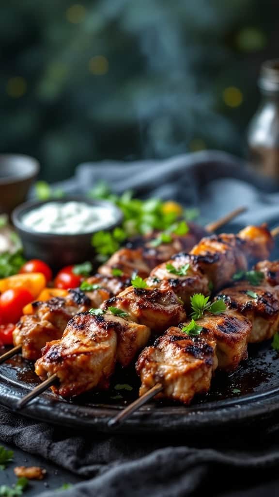 Grilled lamb kebabs served with tzatziki and colorful vegetables