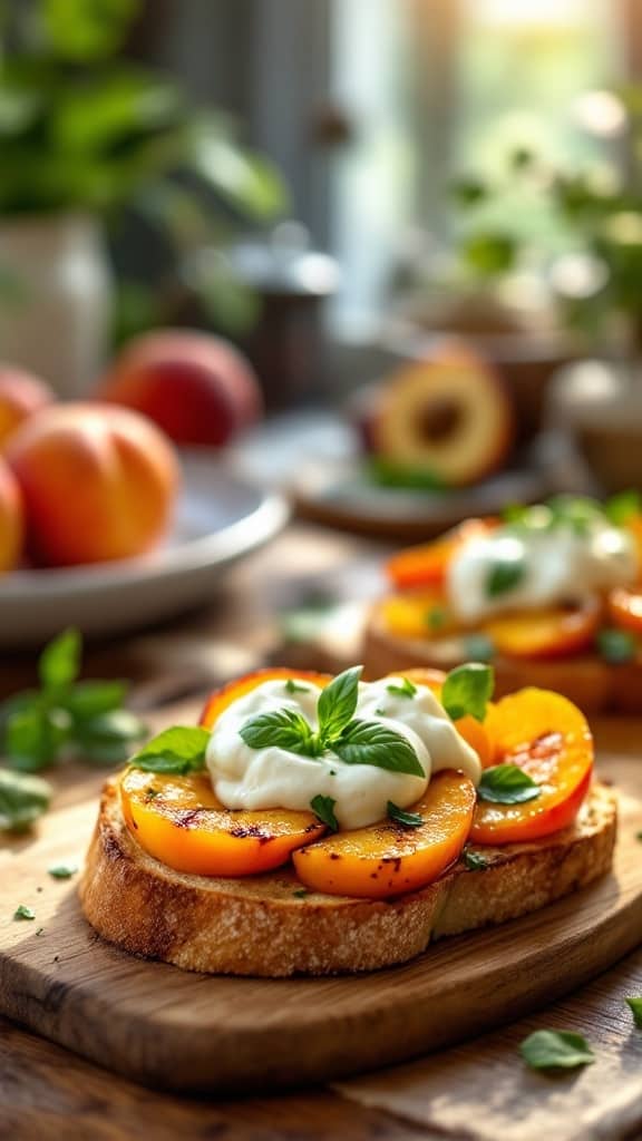 Grilled peach and burrata toasts topped with basil on a wooden board