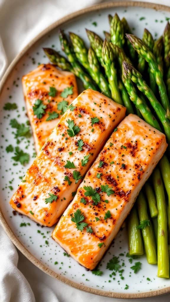A plate with grilled salmon fillets and asparagus, garnished with herbs.