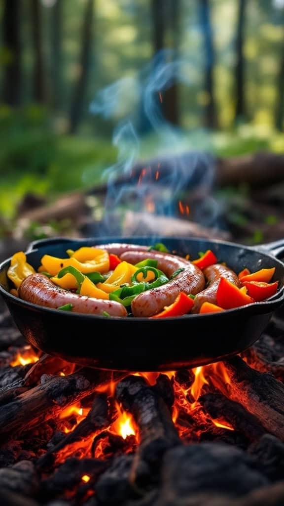 A skillet with sausages and colorful peppers cooking over a campfire in a forest setting.