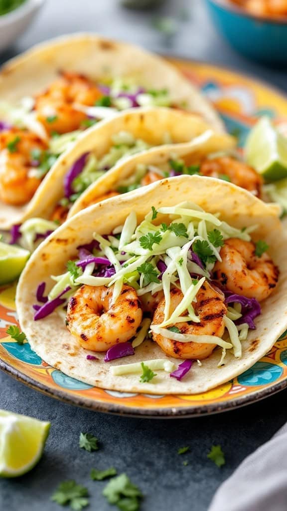 Grilled shrimp tacos with cabbage slaw on a colorful plate