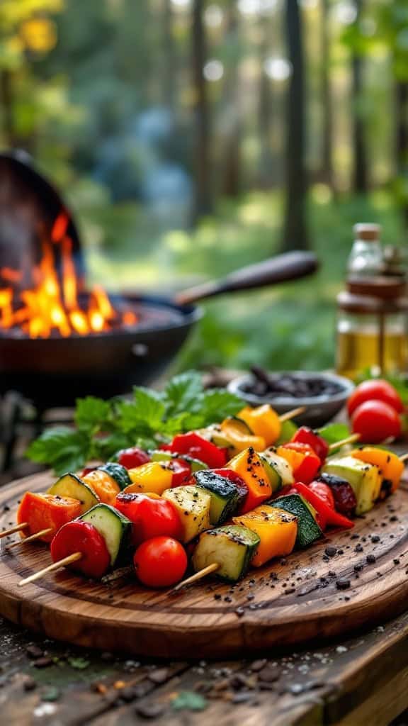 Colorful grilled vegetable skewers on a wooden board with a grill in the background.