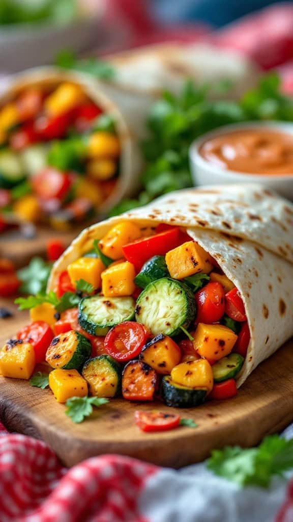 Colorful grilled vegetable wraps filled with zucchini, bell peppers, and corn.