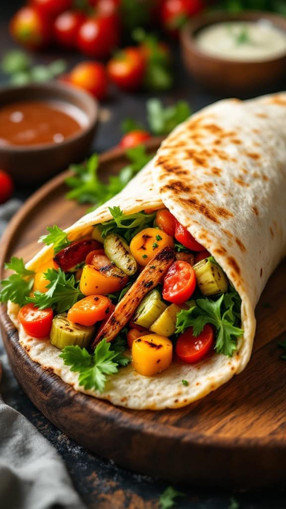 A grilled vegetable wrap filled with colorful vegetables and herbs on a wooden plate.