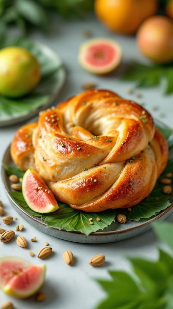 A beautifully braided Easter bun garnished with guava slices and surrounded by greenery.