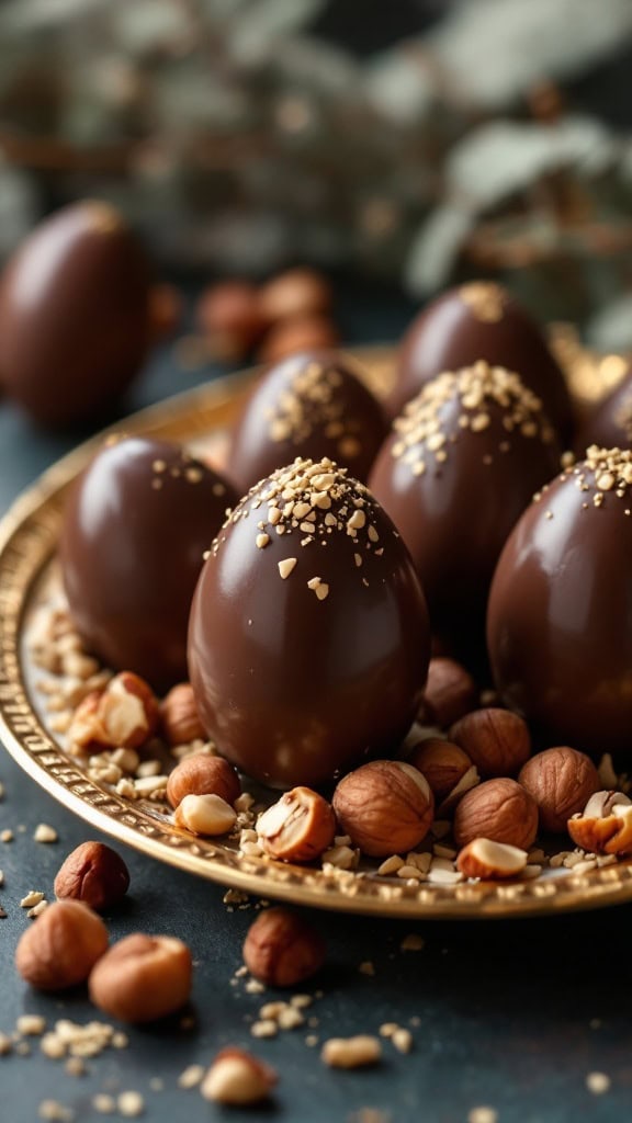 A plate of chocolate hazelnut praline eggs surrounded by hazelnuts.