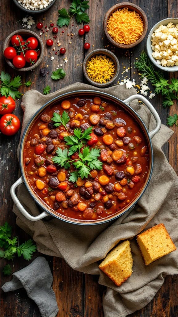 A delicious pot of hearty chili loaded with beans and meat, surrounded by fresh ingredients and cornbread.