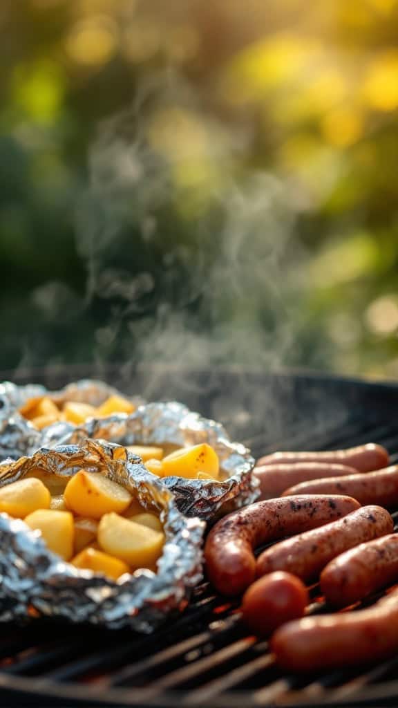 Foil pack potatoes and sausages cooking on a grill with smoke rising.