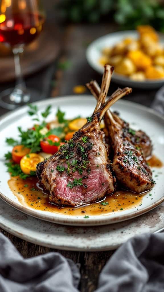 A beautifully plated herb-crusted rack of lamb with vibrant cherry tomatoes and a rich sauce.