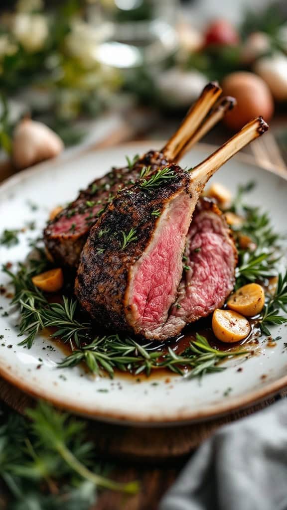 A beautifully cooked herb-crusted rack of lamb served on a plate with herbs and garnishes.