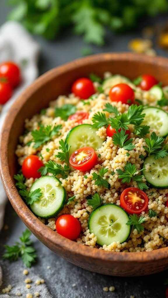 A bowl of herb-infused quinoa salad with cherry tomatoes and cucumbers