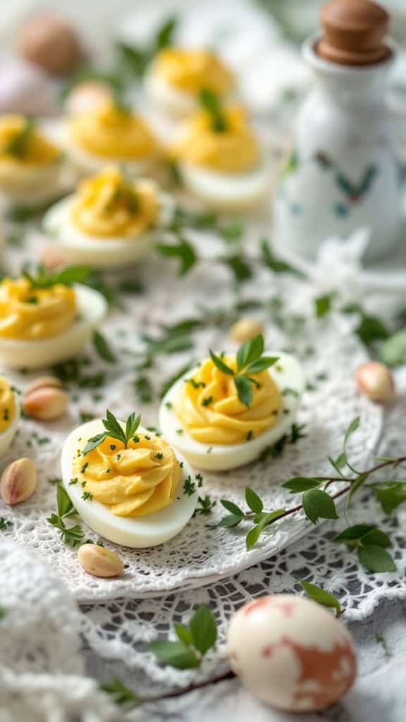 A plate of herb and garlic deviled eggs garnished with fresh herbs, surrounded by decorative elements.