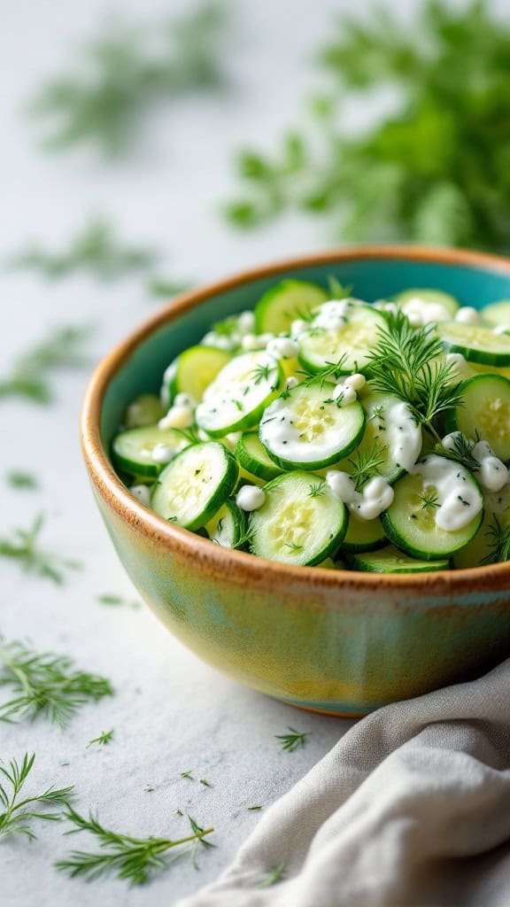 A bowl of herbed cucumber salad with fresh dill and creamy dressing.
