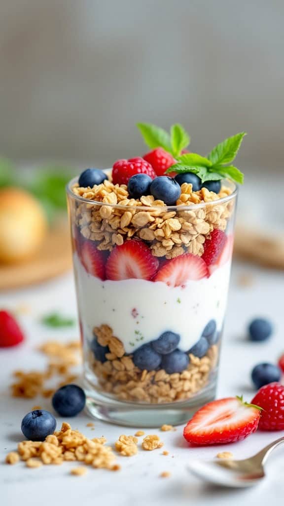 A herbed yogurt parfait with yogurt, granola, strawberries, blueberries, and raspberries in a glass.