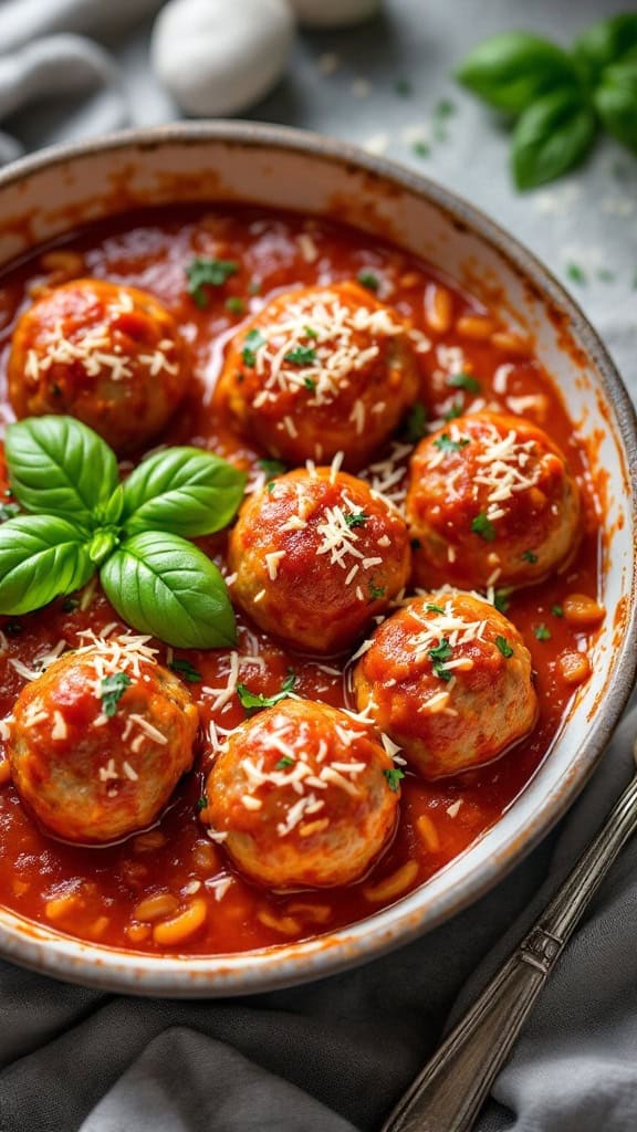 A bowl of homemade meatballs in marinara sauce, garnished with basil and cheese.