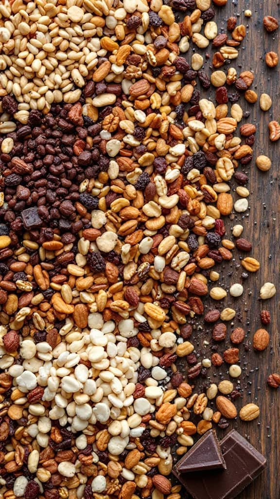 A variety of nuts, dried fruits, and chocolate pieces scattered on a wooden surface.