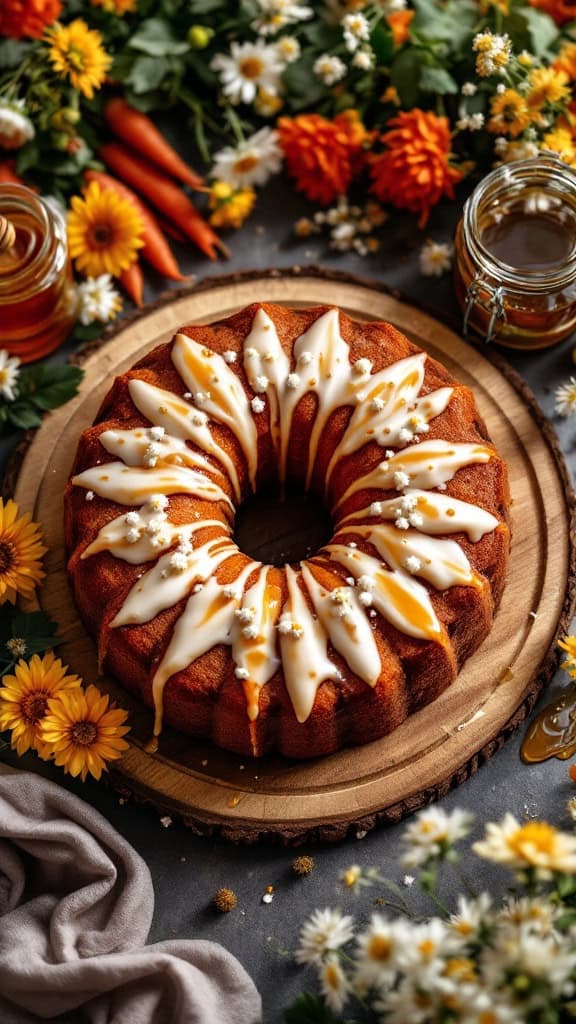 A beautifully decorated honey-sweetened carrot cake with white icing and drizzled honey, surrounded by flowers and carrots.