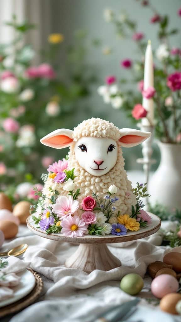 A beautifully crafted honey almond lamb cake decorated with flowers, perfect for Easter.