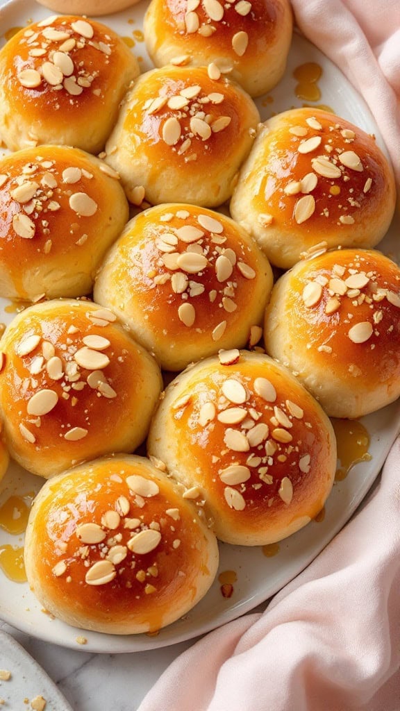 Tray of honey glazed Easter bread rolls topped with sliced almonds